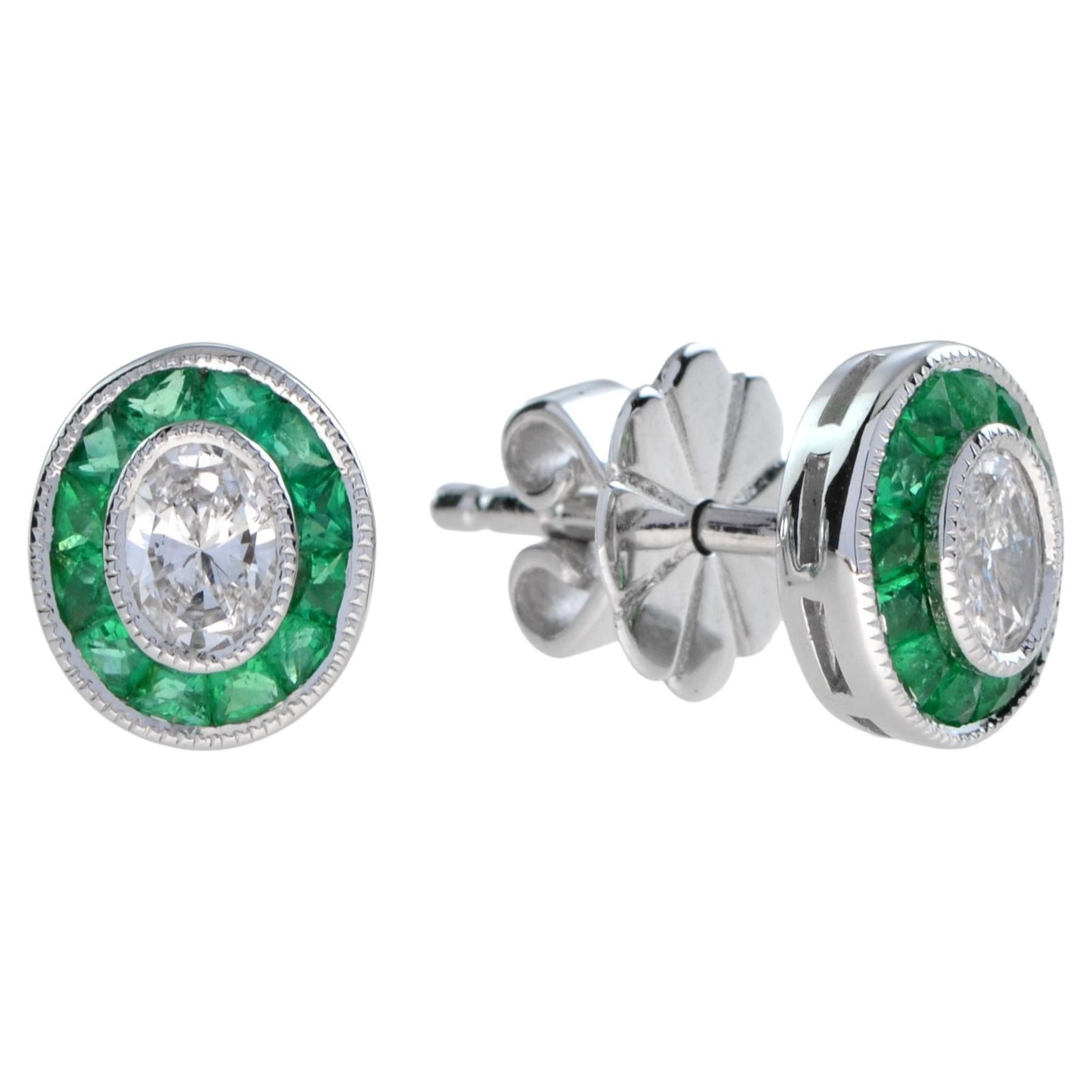 Diamond and Emerald Art Deco Style Target Stud Earrings in 18K White Gold For Sale