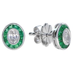 Diamond and Emerald Art Deco Style Target Stud Earrings in 18K White Gold