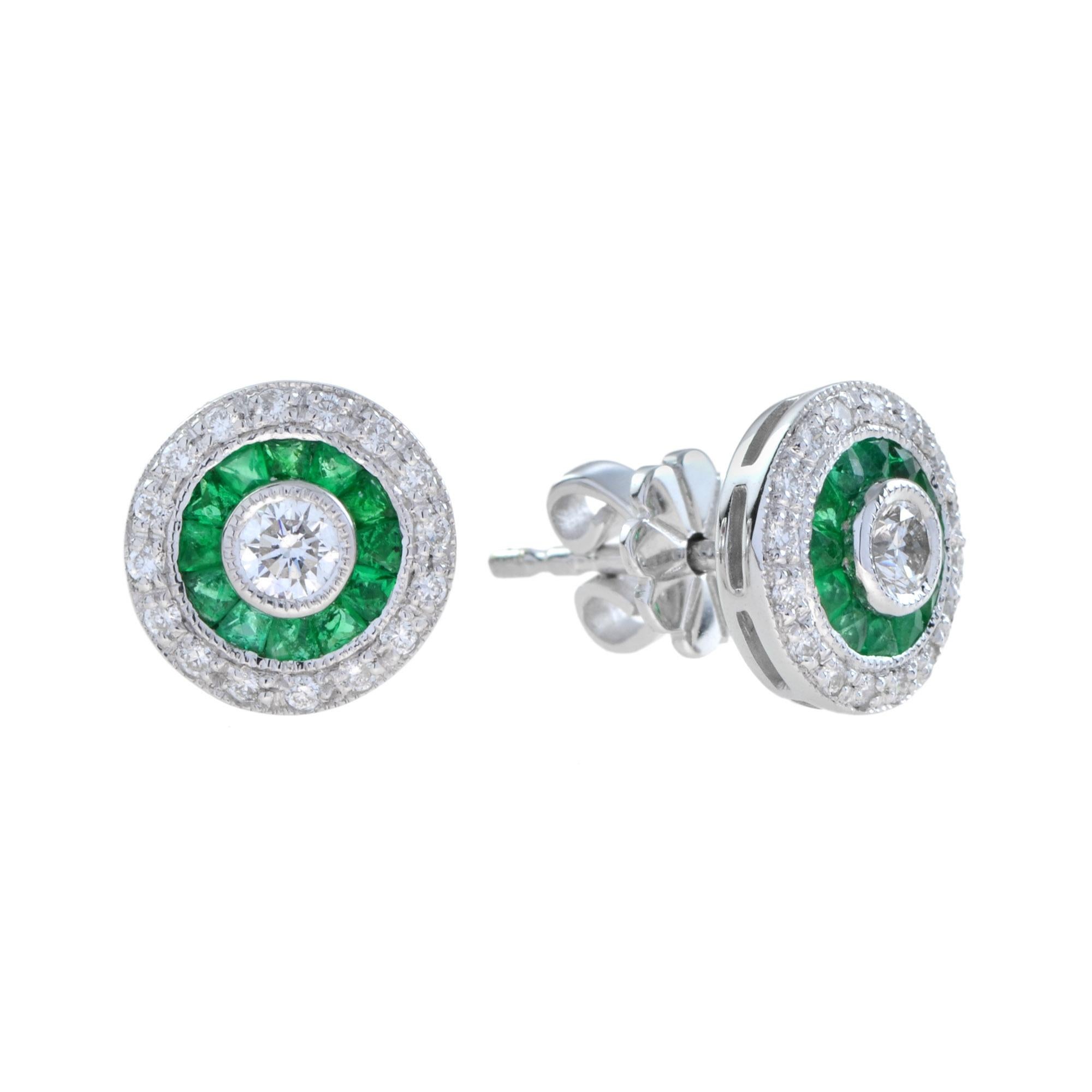 Diamond and Emerald Art Deco Style Target Stud Earrings in 18K White Gold