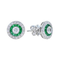 Diamond and Emerald Art Deco Style Target Stud Earrings in 18K White Gold
