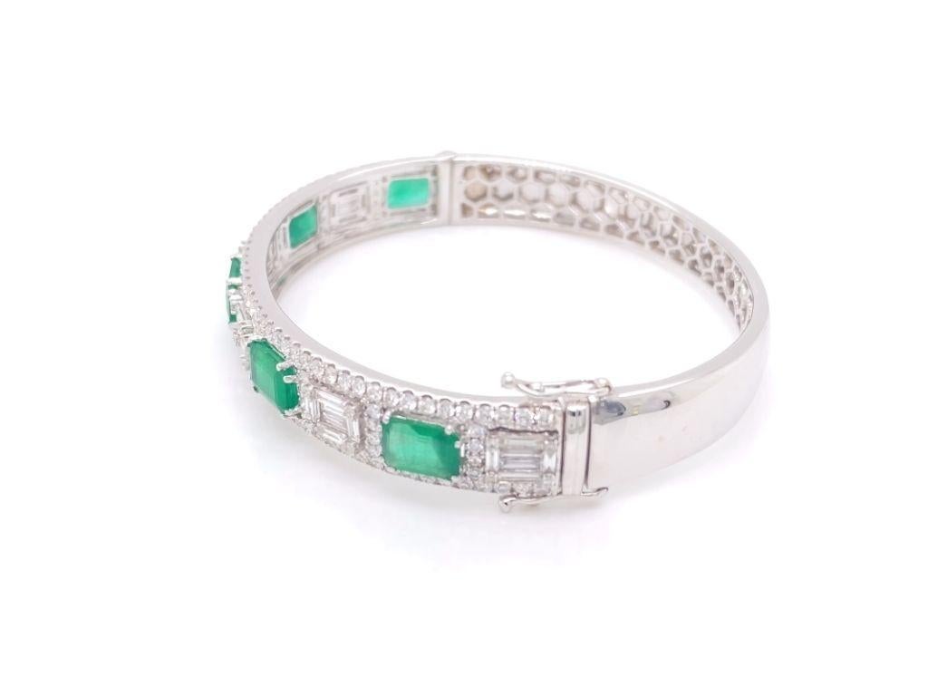 Emerald Cut Diamond and Emerald Bangle Bracelet