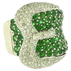 Diamond and Emerald Belt Buckle Statement Ring in 14k White Gold
