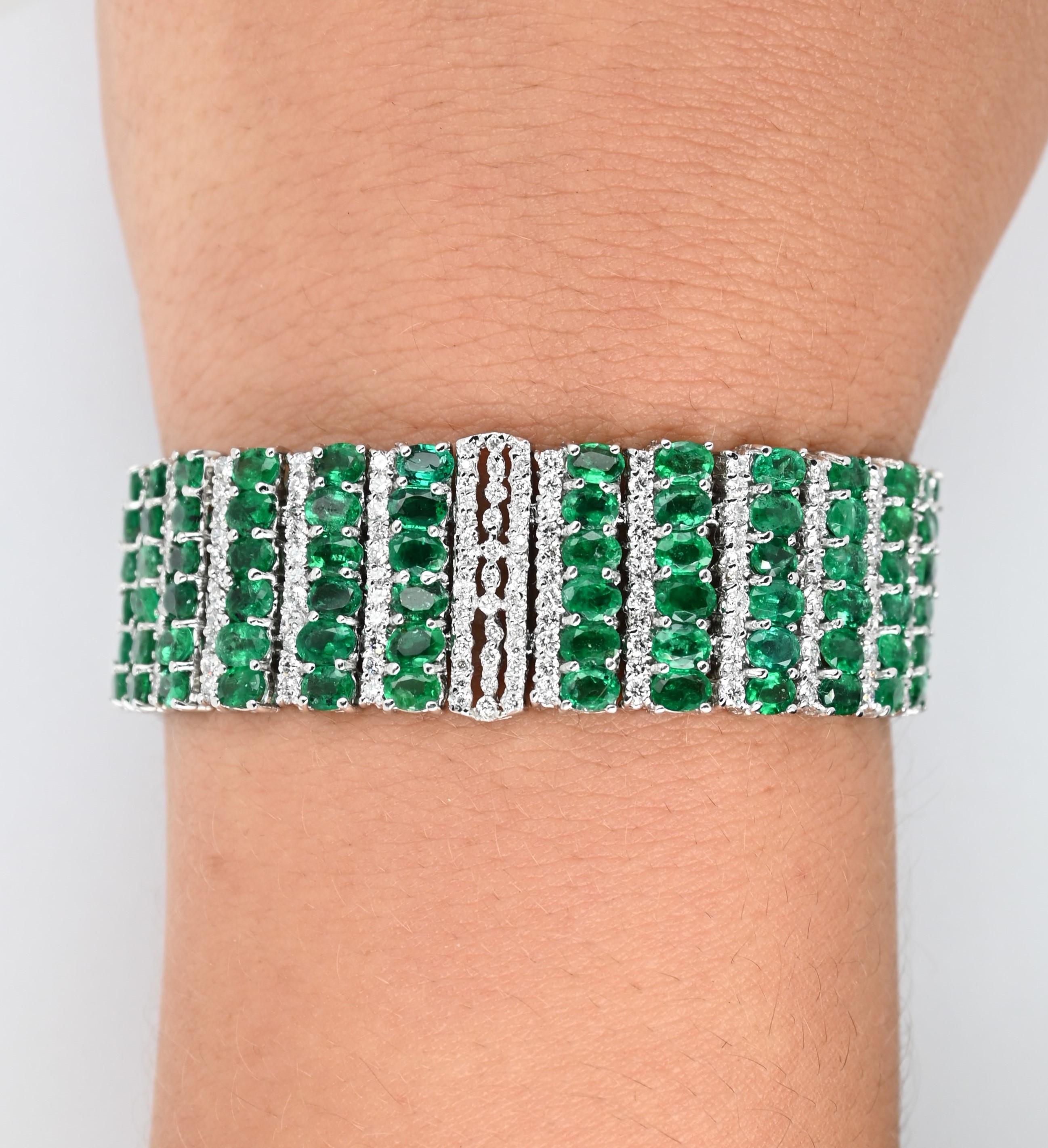 Magnum Creations original design, features 5.86 carats of white diamonds and 25.15 carats of emeralds, mounted on a 14 karats white gold casting.

This bracelet is impressive and elegant, the green of the emeralds resembles nature and