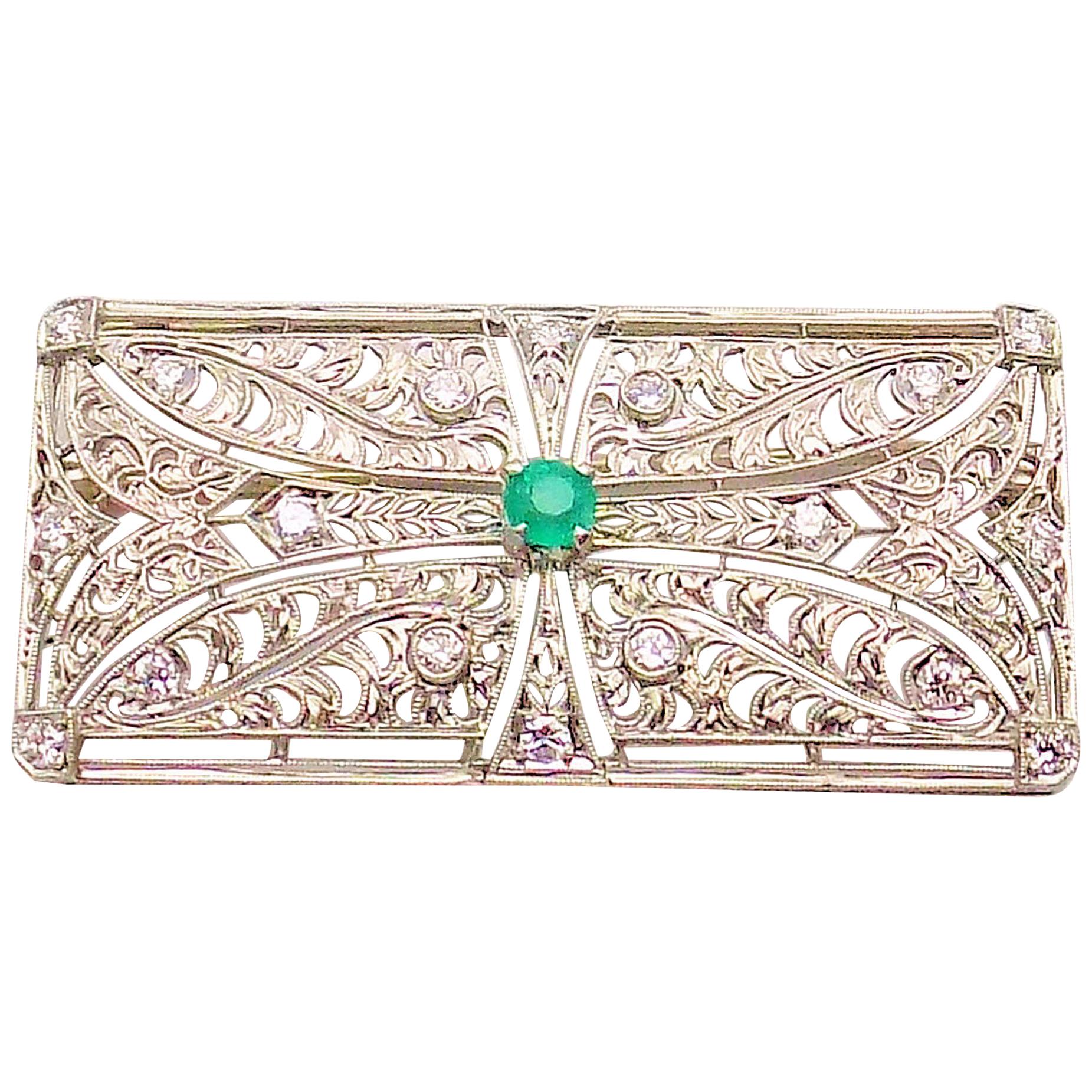 Diamond and Emerald Brooch For Sale