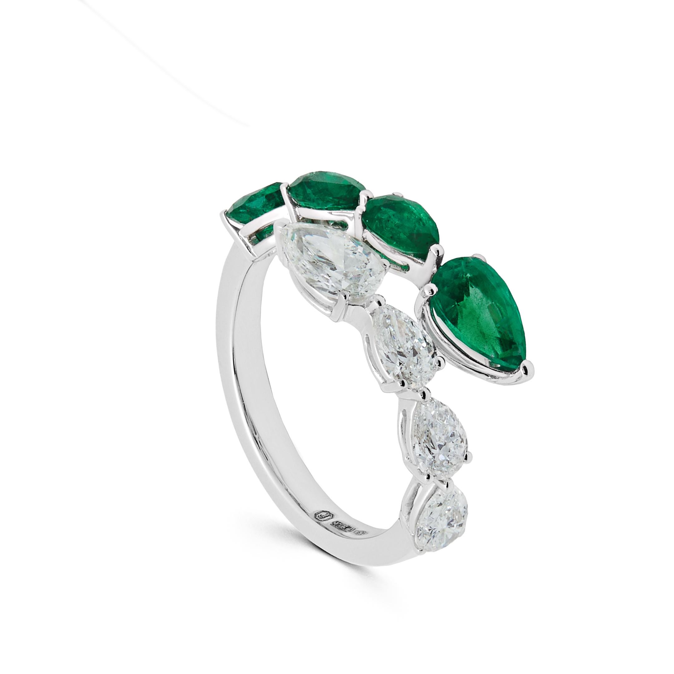 Pear Cut Diamond and Emerald Bypass Ring For Sale