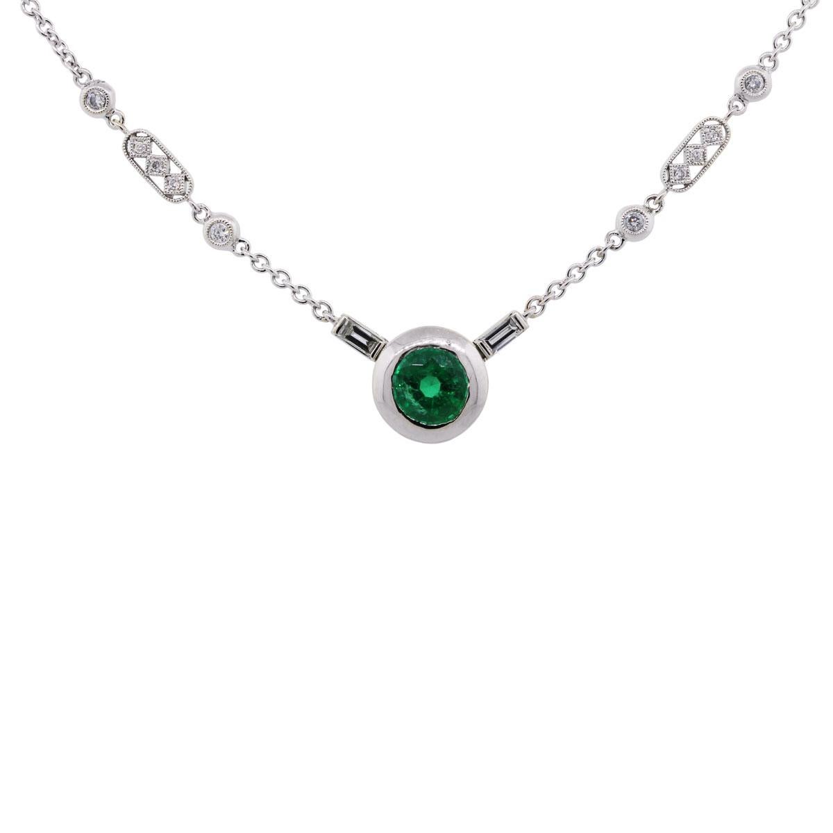 Material: 18k white gold
Gemstone Details: Round shape emerald approximately 1.75ct.
Diamond Details: Approximately 0.35ctw of round brilliant and baguette shape diamonds. Diamonds are H/I in color, SI in clarity
Necklace Measurements: