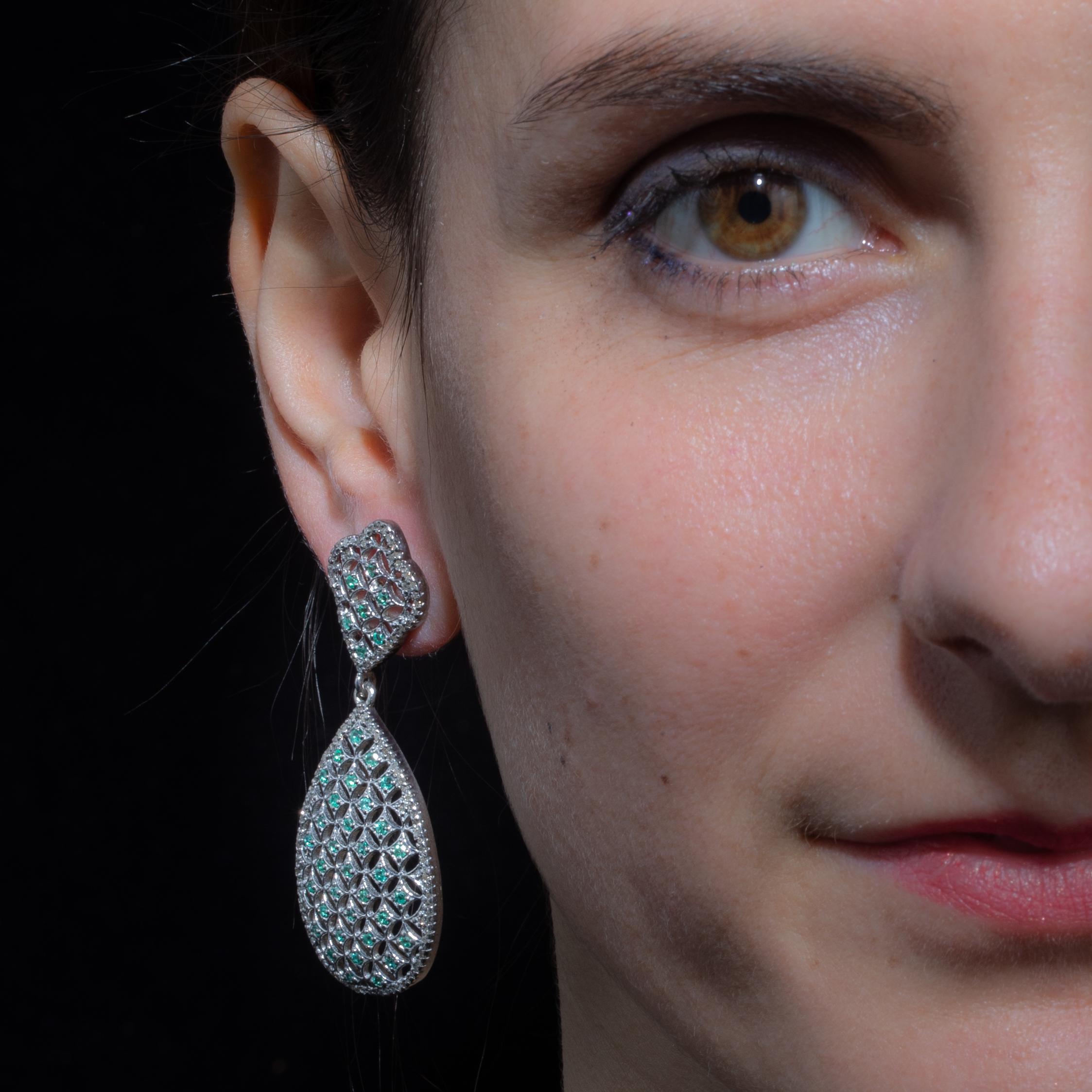 Round Cut Diamond and Emerald Chandelier Dangle Earrings