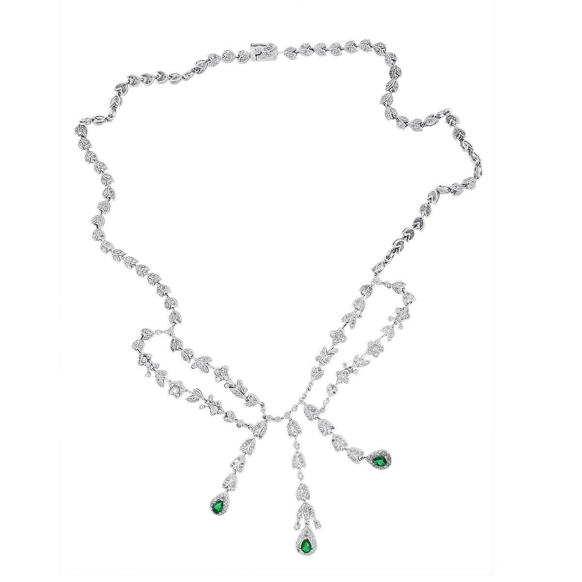 Pear Cut Diamond and Emerald Chandelier Necklace