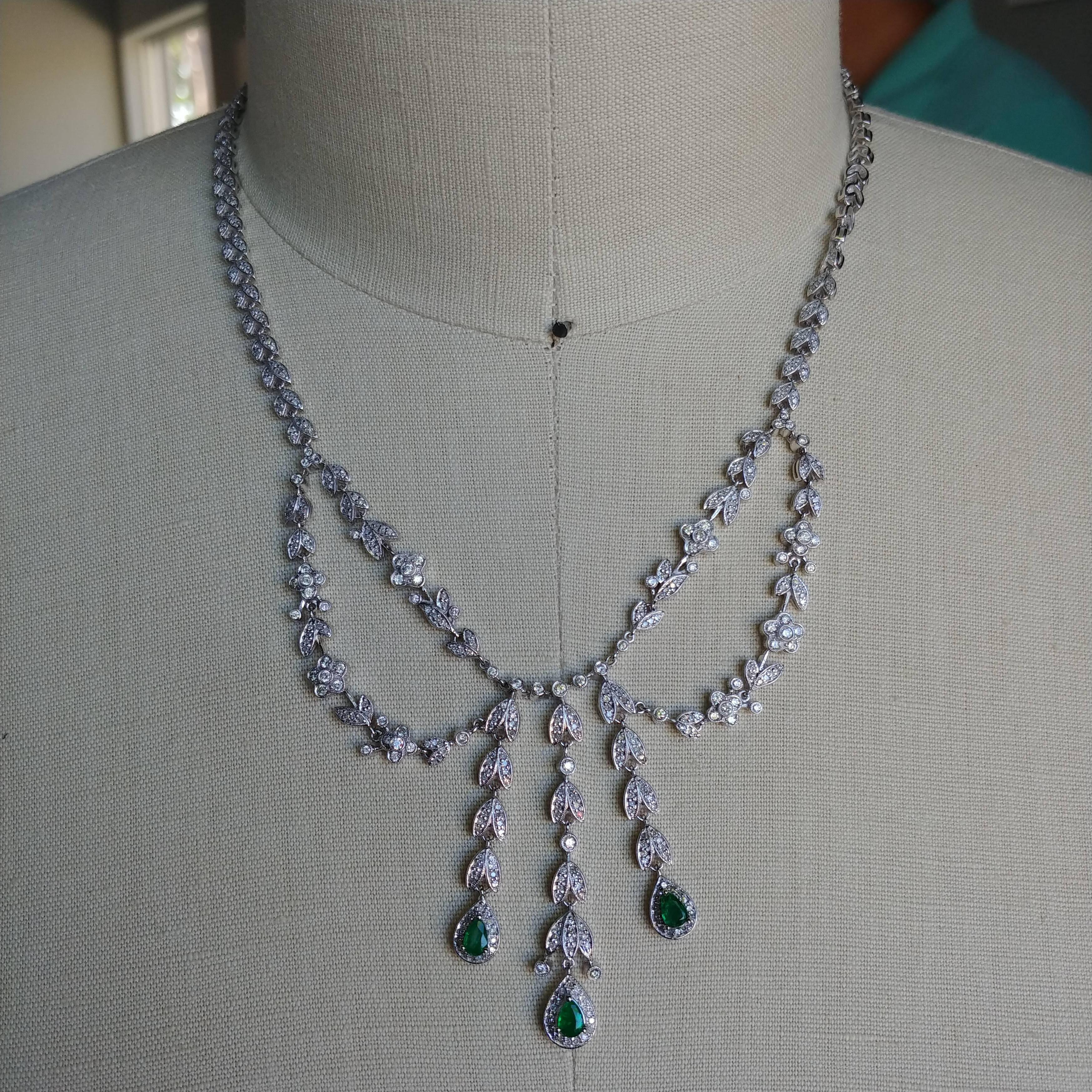 Diamond and Emerald Chandelier Necklace In Excellent Condition In Boca Raton, FL