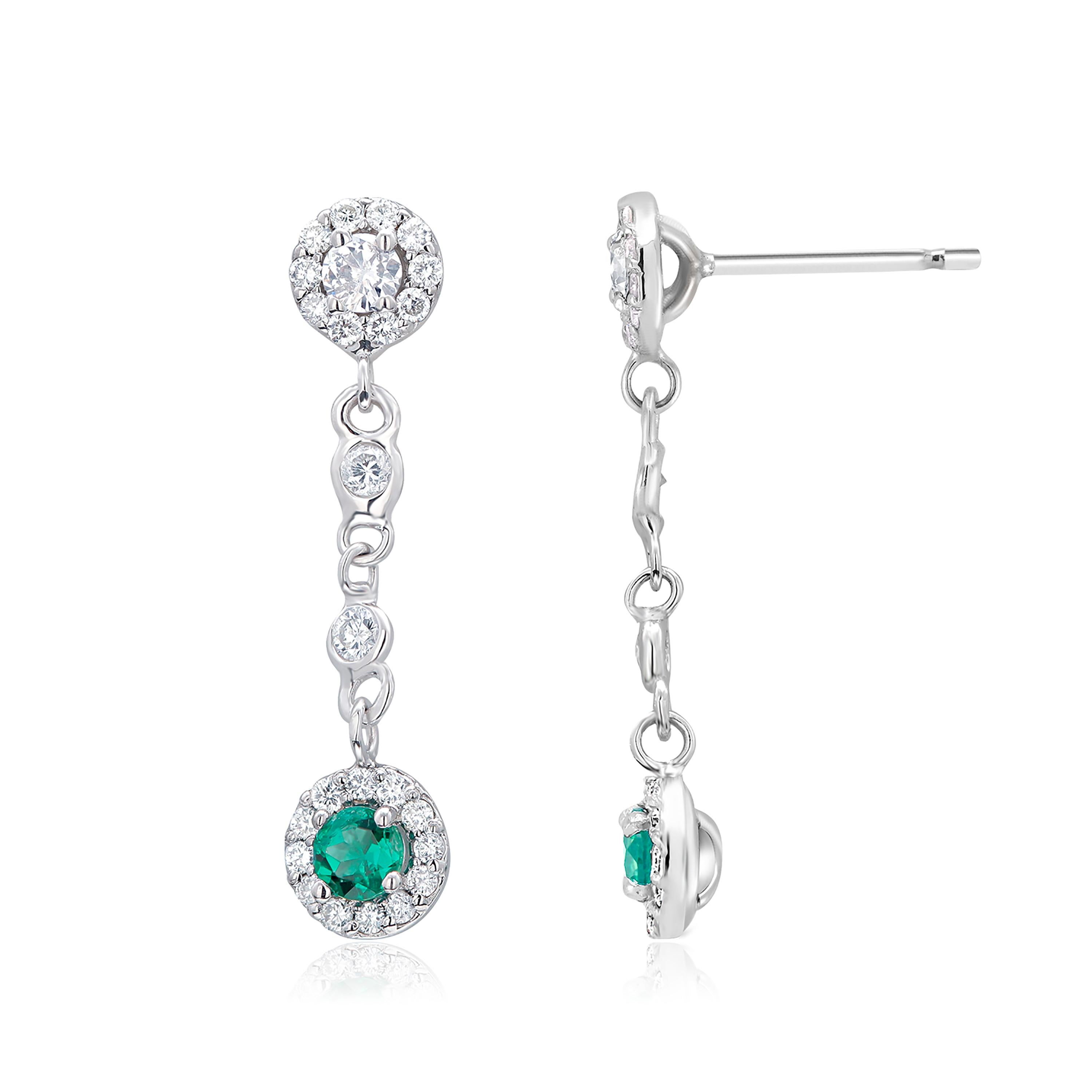 Contemporary Double Tiered White Gold Halo Emerald and Halo Diamond Cluster Drop Earrings 