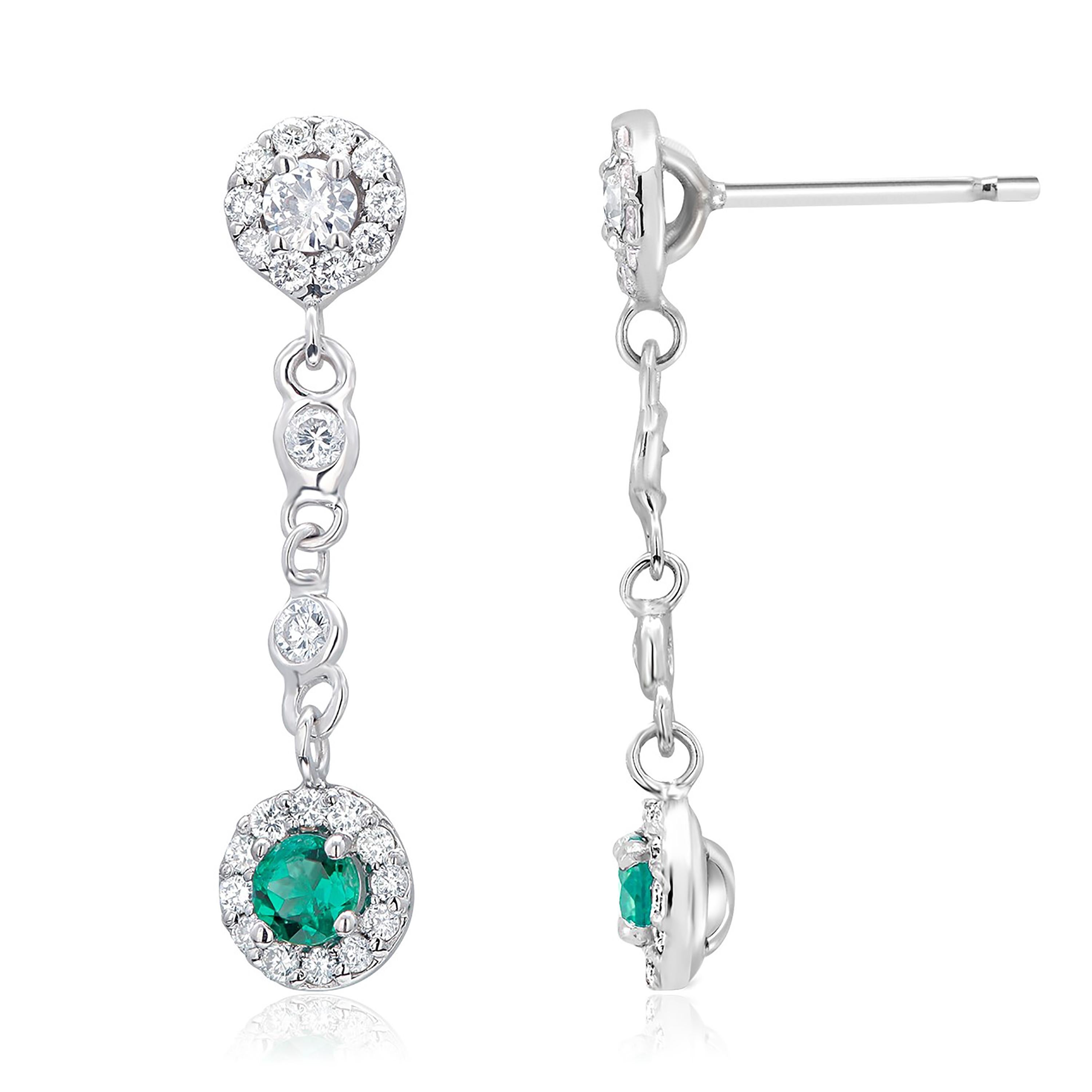 Double Tiered White Gold Halo Emerald and Halo Diamond Cluster Drop Earrings  In New Condition In New York, NY