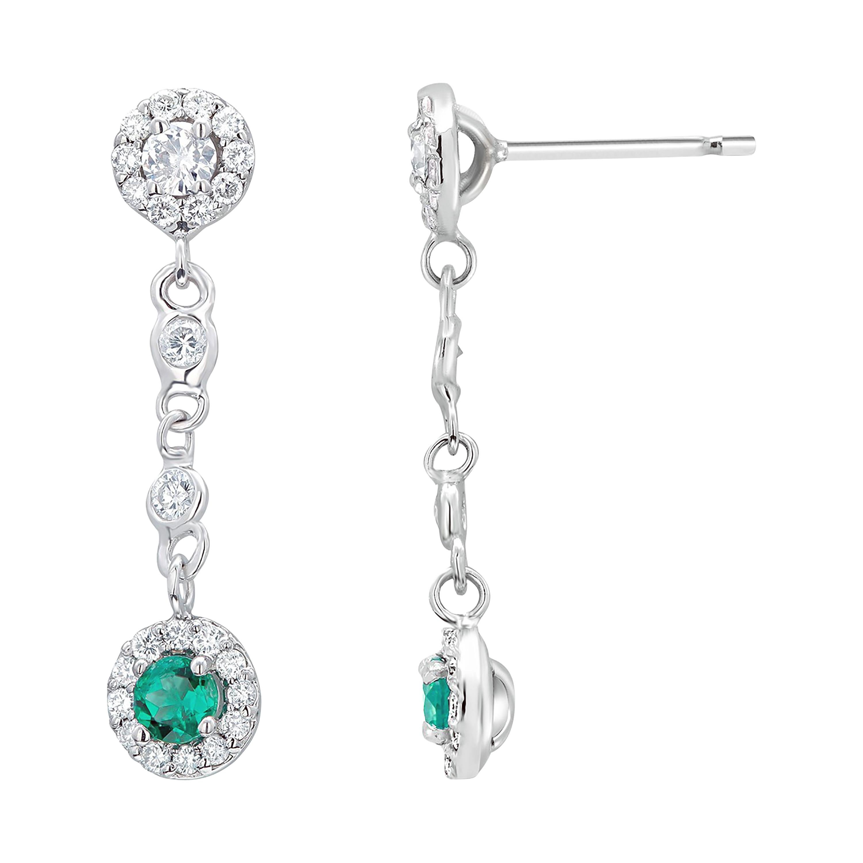 Double Tiered White Gold Halo Emerald and Halo Diamond Cluster Drop Earrings 