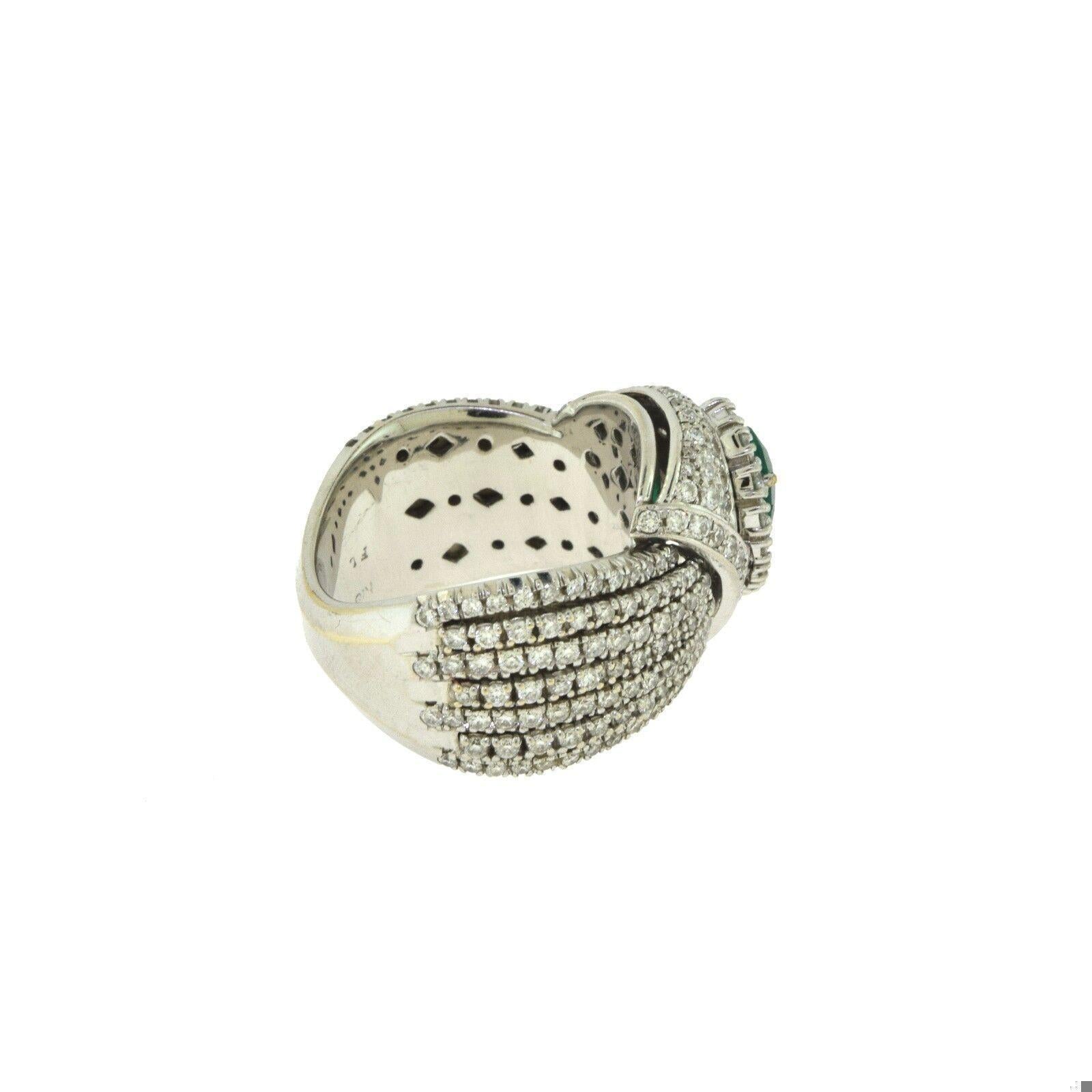 Women's Diamond and Emerald Cocktail Wide Band White Gold Ring, 9.0 TCW For Sale