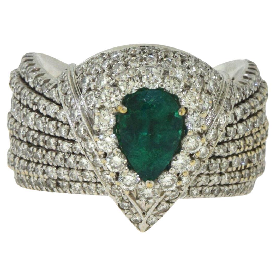 Diamond and Emerald Cocktail Wide Band White Gold Ring, 9.0 TCW For Sale