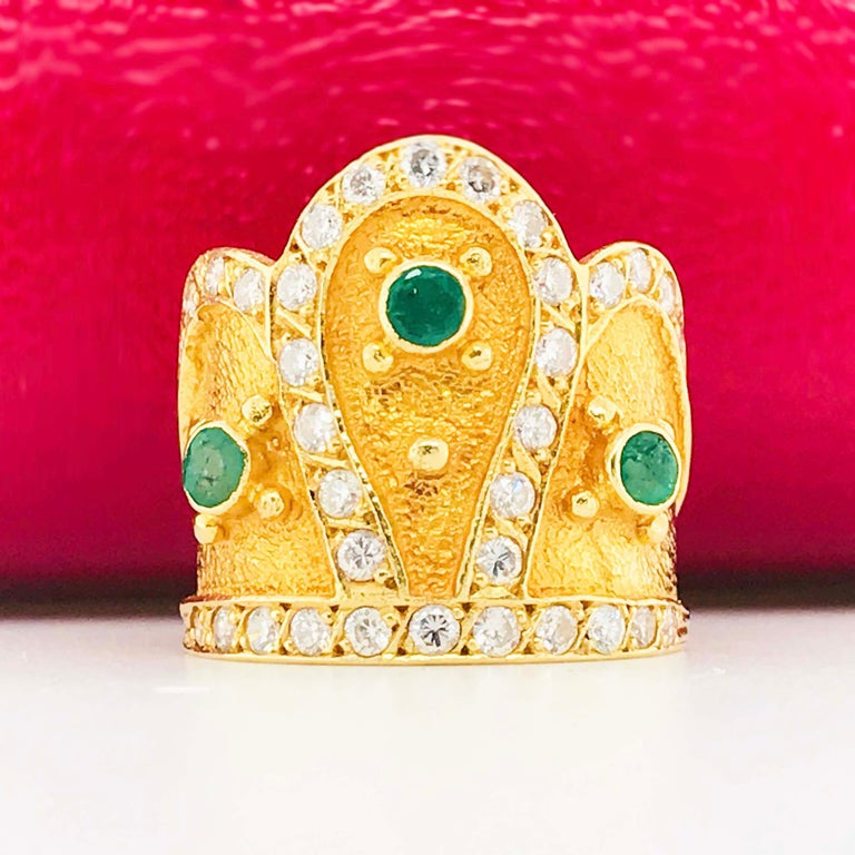 Crown Emerald Ring w Diamonds 18k Custom Royal Crown Ring made for a Princess For Sale 7