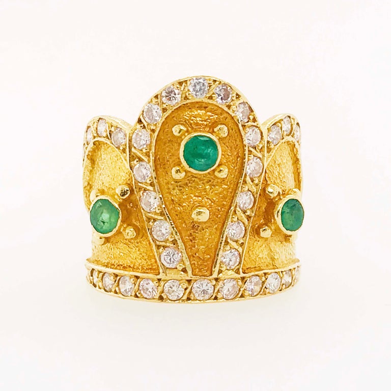 Renaissance Crown Emerald Ring w Diamonds 18k Custom Royal Crown Ring made for a Princess For Sale