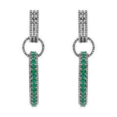 Diamond and Natural Emerald Dangle Hoop Earrings in Art Deco Style