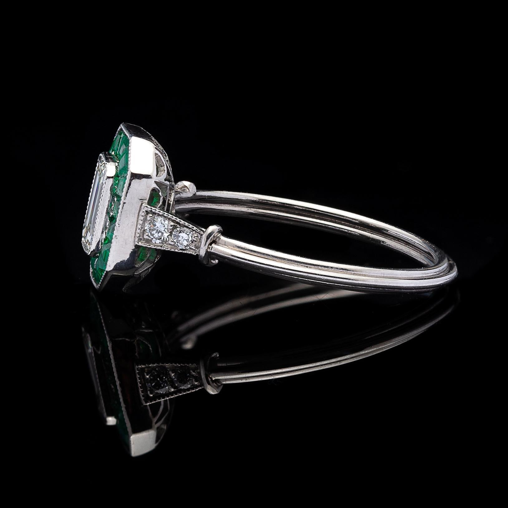 Emerald Cut Diamond and Emerald Deco Style Ring For Sale