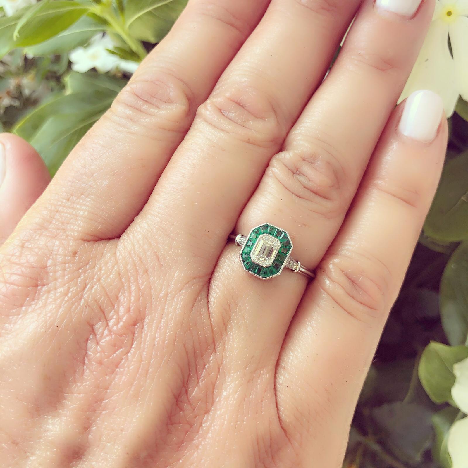 Emerald Cut Diamond and Emerald Deco Style Ring