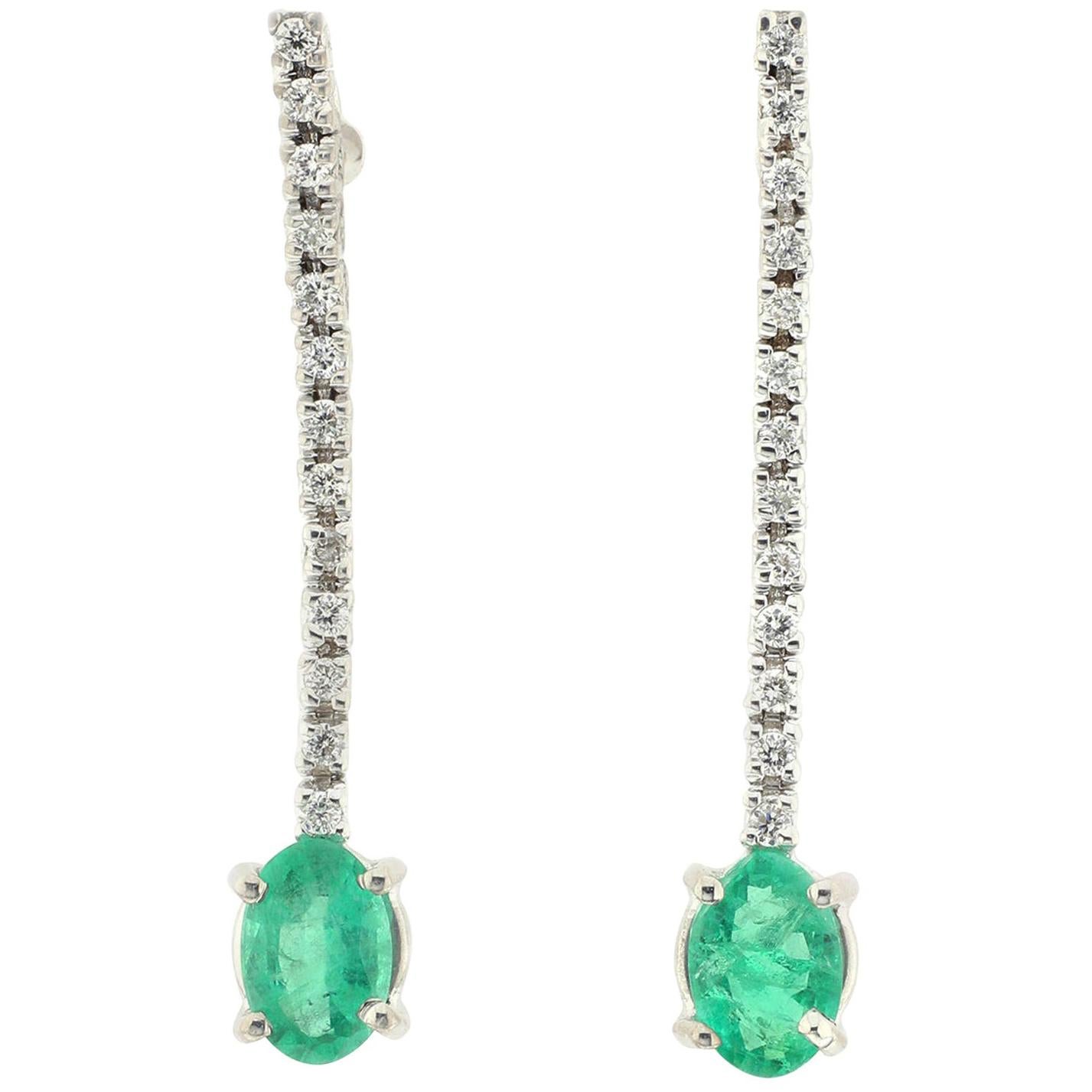 21st Century 18 Karat White Gold with White Diamond and Emerald Drop Earrings