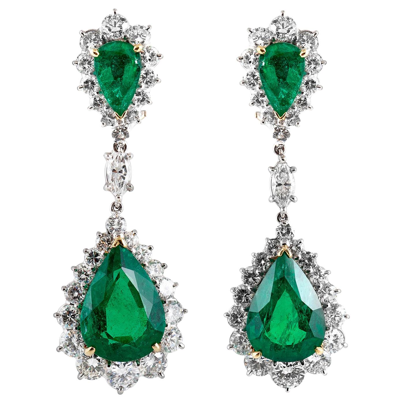 16.02 Carat Pear-Shaped Emerald Dangle Earrings with Diamonds For Sale