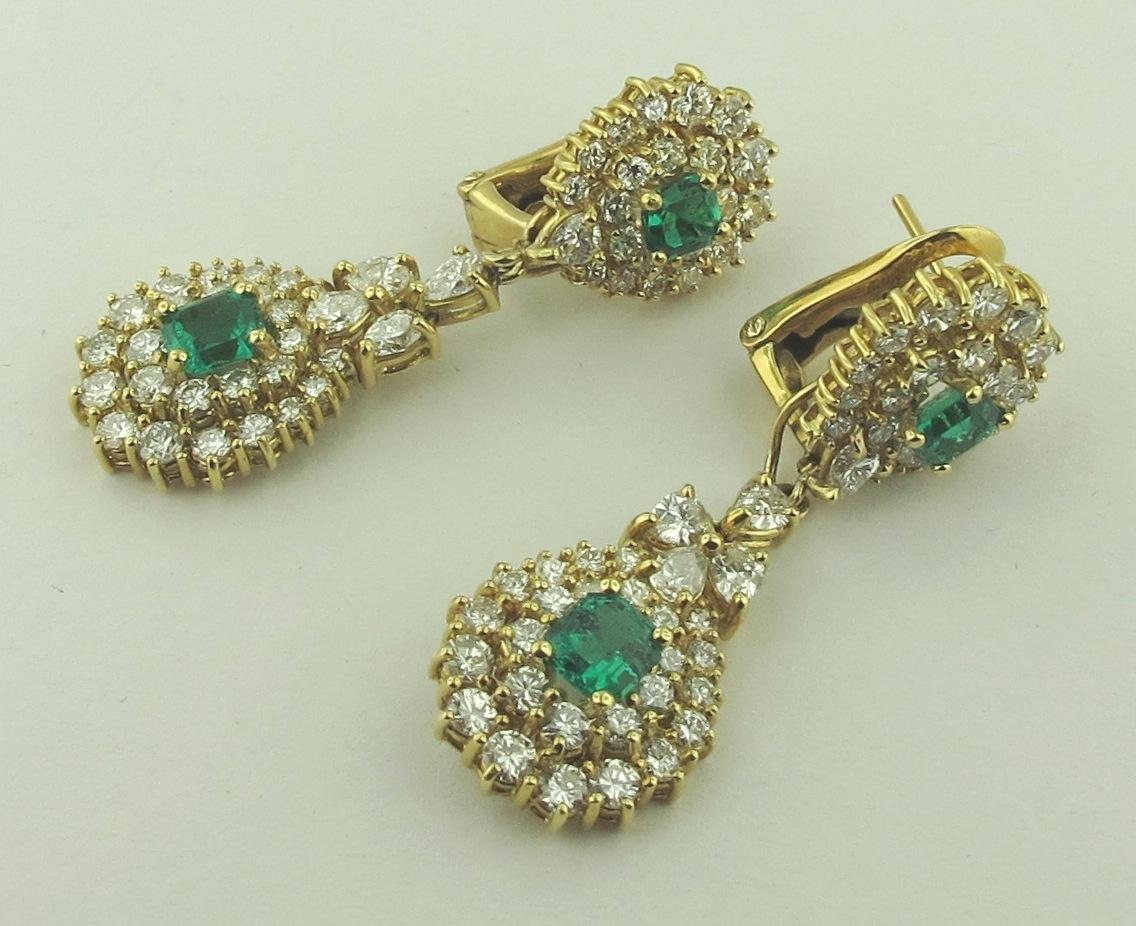 Round Cut Diamond and Columbian Emerald Drop Earrings Set in 18 Karat Yellow Gold