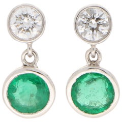 Diamond and Emerald Drop Stud Earrings Set in 18 Karat White Gold