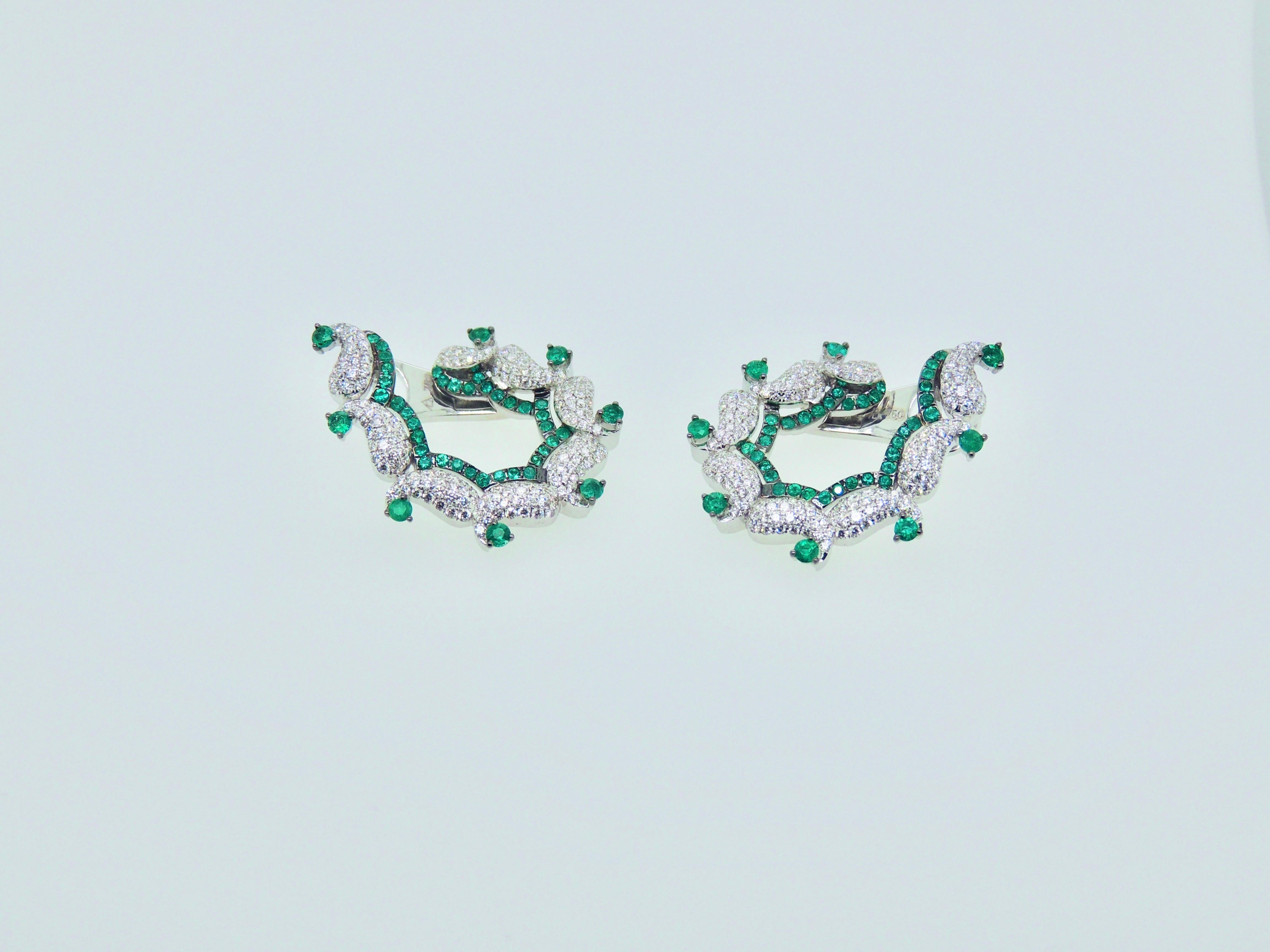 Round Cut Diamond and Emerald Earrings in 18 Karat White Gold For Sale
