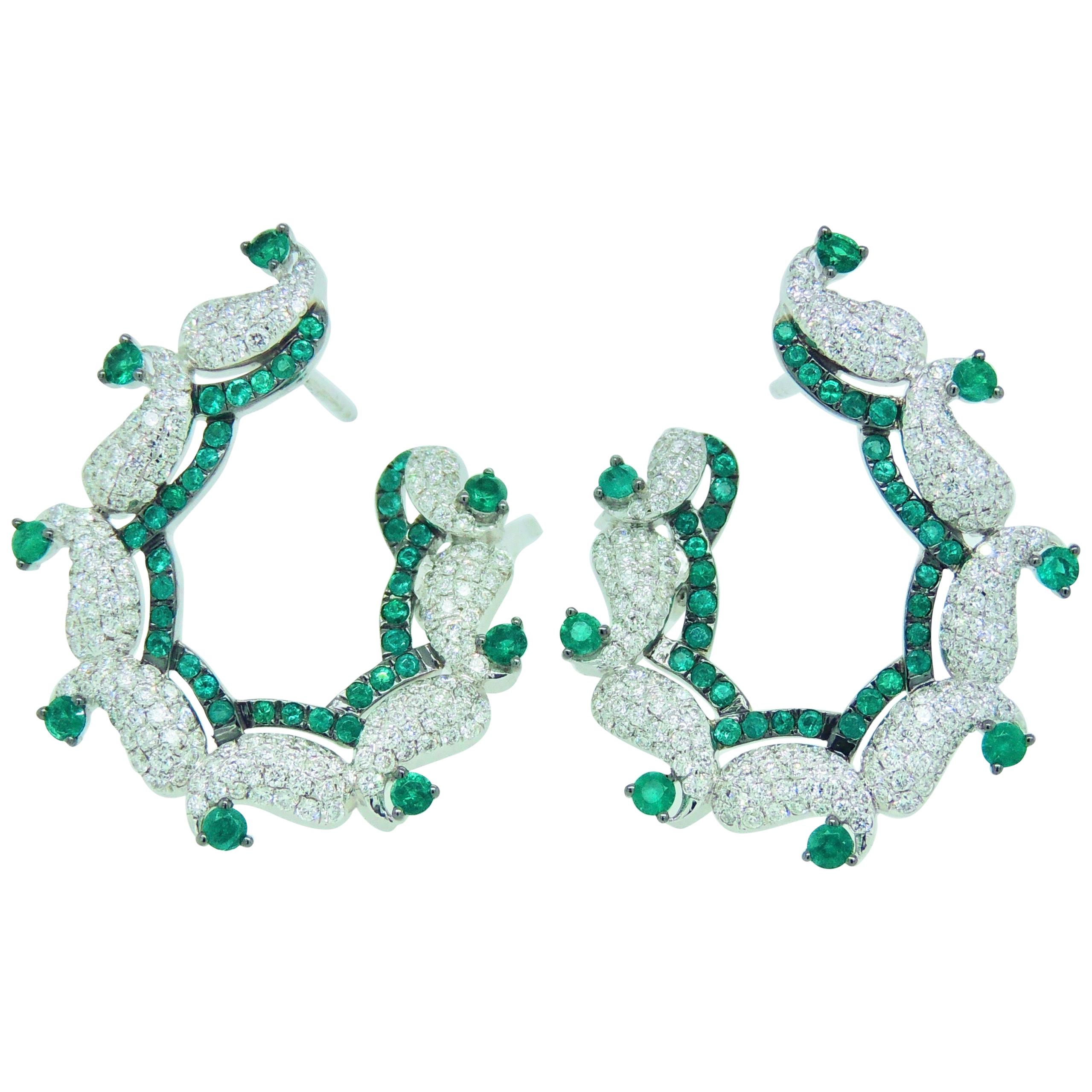 Diamond and Emerald Earrings in 18 Karat White Gold For Sale