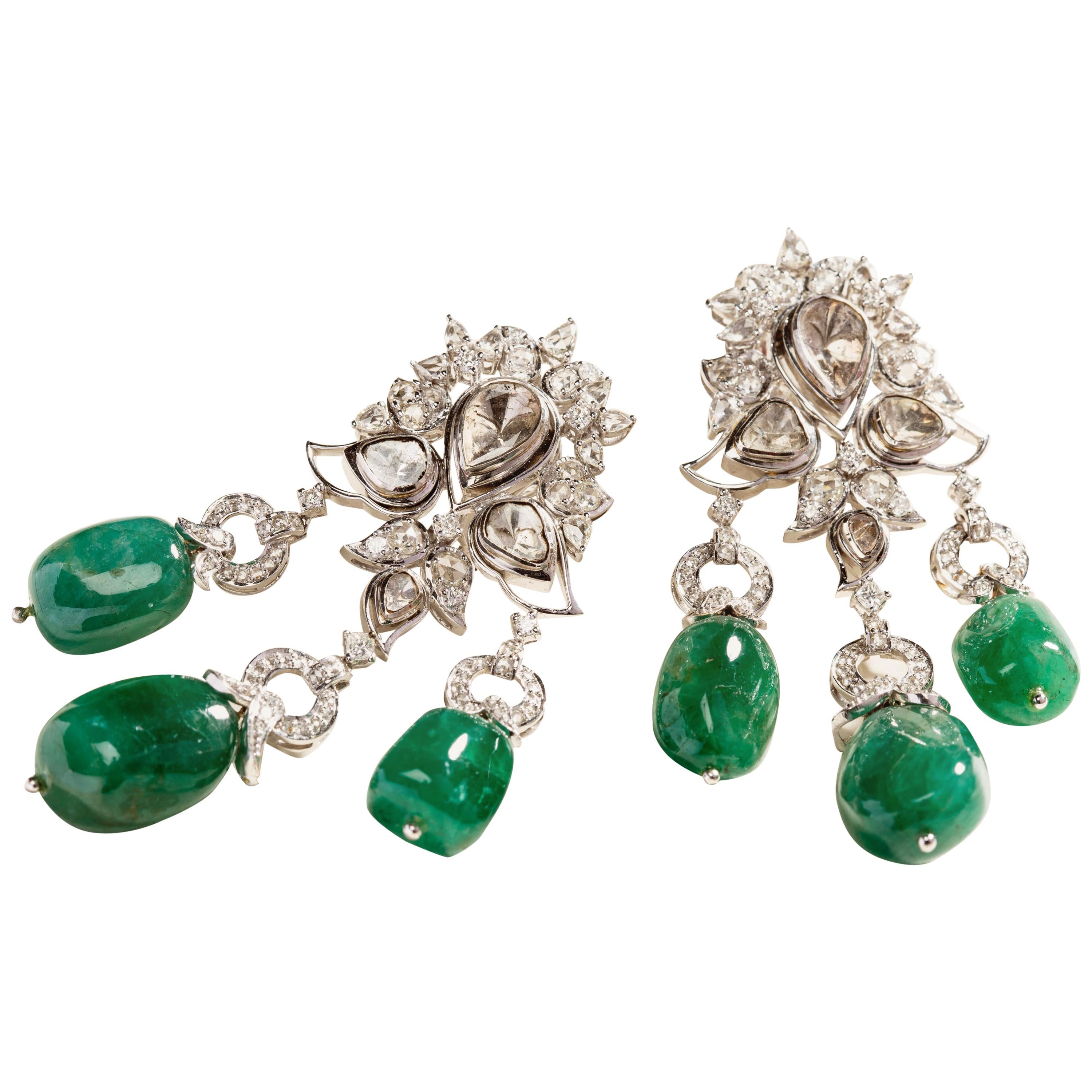 Diamond and Emerald Empress Earrings in 18 Karat Gold