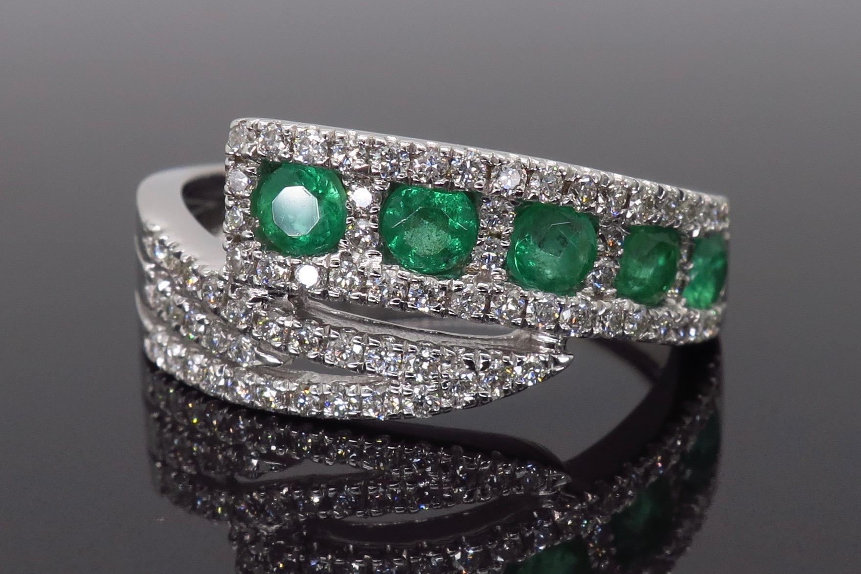 Round Cut Diamond and Emerald Five-Stone Bypass Ring