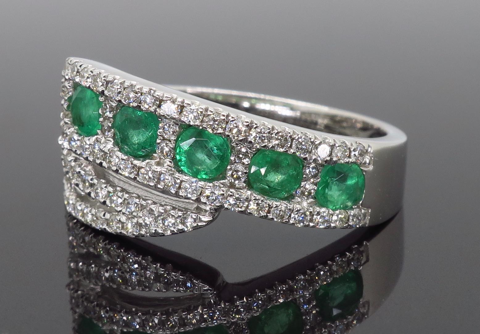 Diamond and Emerald Five-Stone Bypass Ring In New Condition In Webster, NY