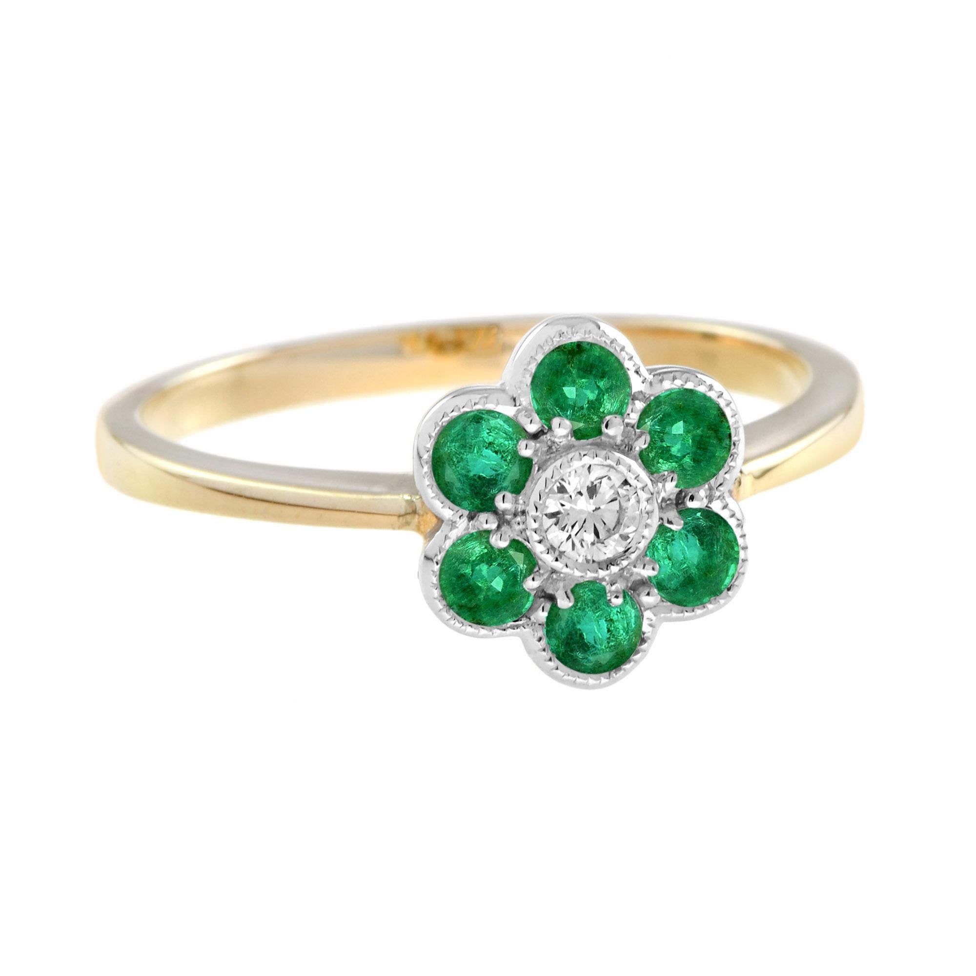 Art Deco Diamond and Emerald Floral Cluster Ring in 14K Yellow Gold For Sale