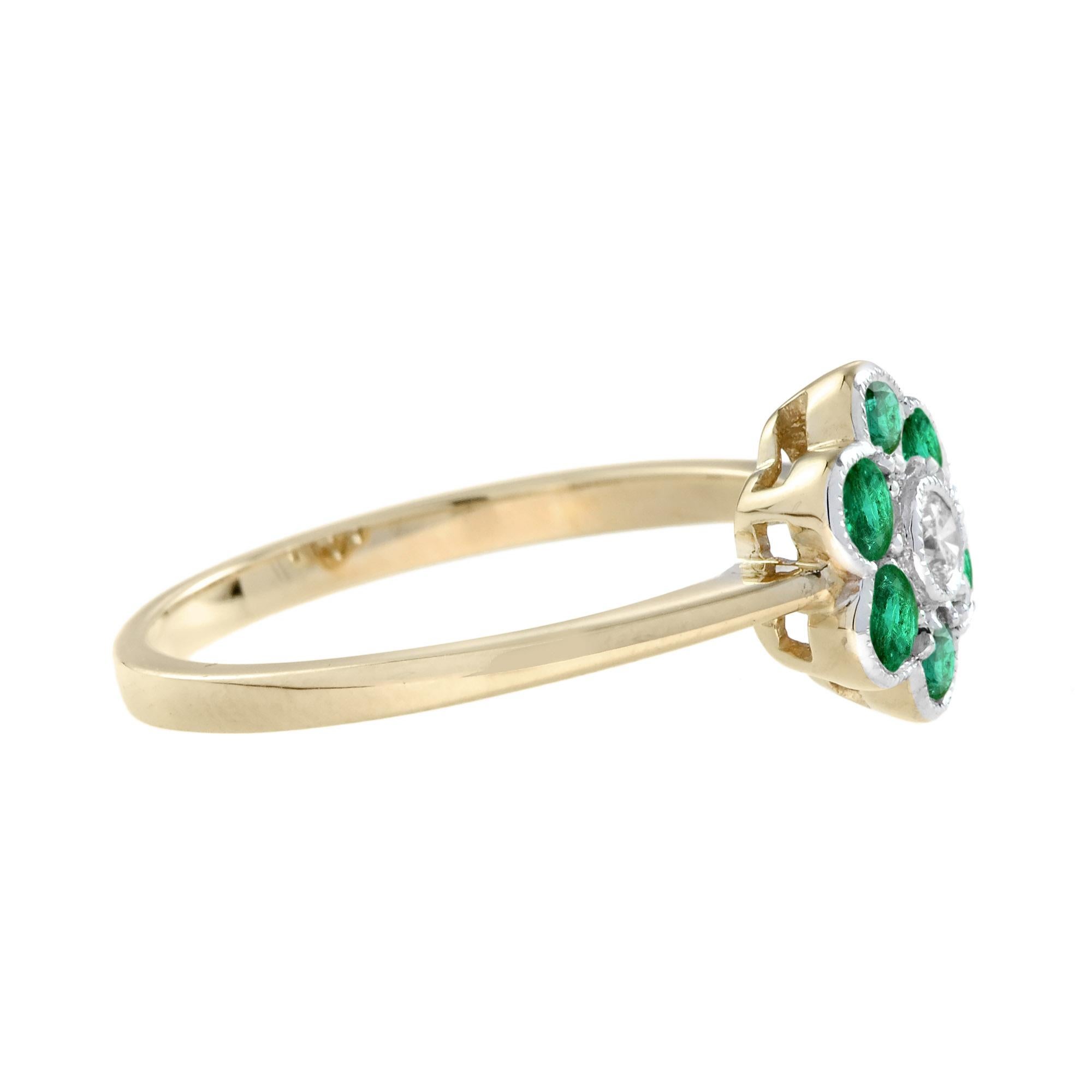 Round Cut Diamond and Emerald Floral Cluster Ring in 14K Yellow Gold For Sale