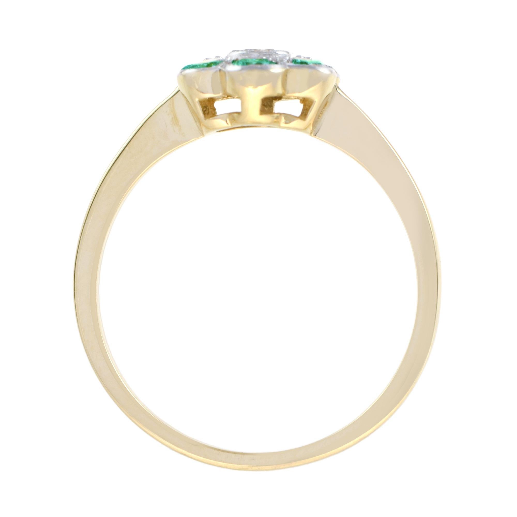 Women's Diamond and Emerald Floral Cluster Ring in 14K Yellow Gold For Sale