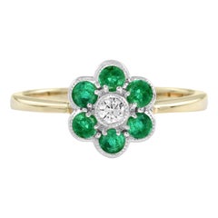Diamond and Emerald Floral Cluster Ring in 14K Yellow Gold