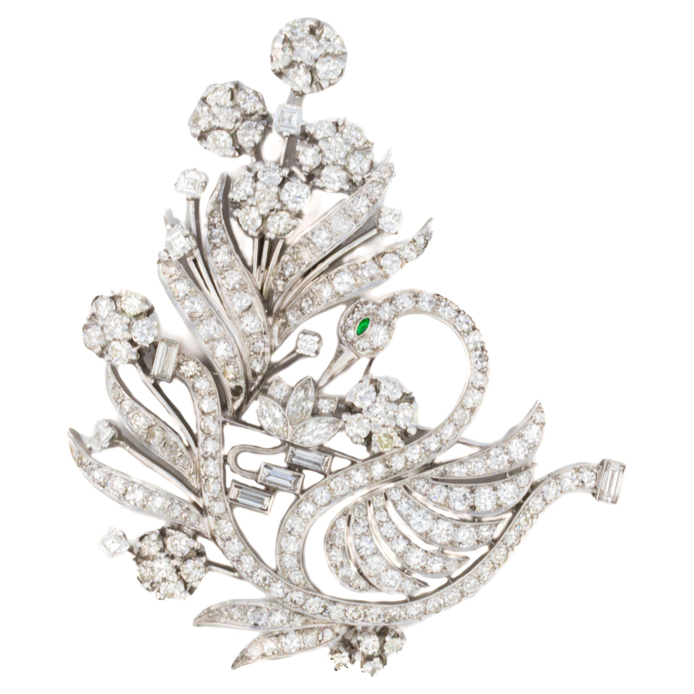 Diamond and Emerald Floral Swan Brooch in Platinum