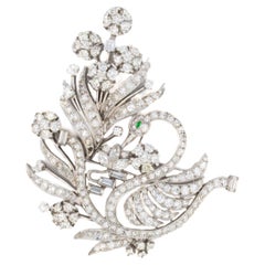 Diamond and Emerald Floral Swan Brooch in Platinum
