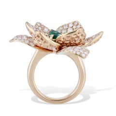 Diamond and Emerald Flower Ring Rose Gold Cocktail Ring