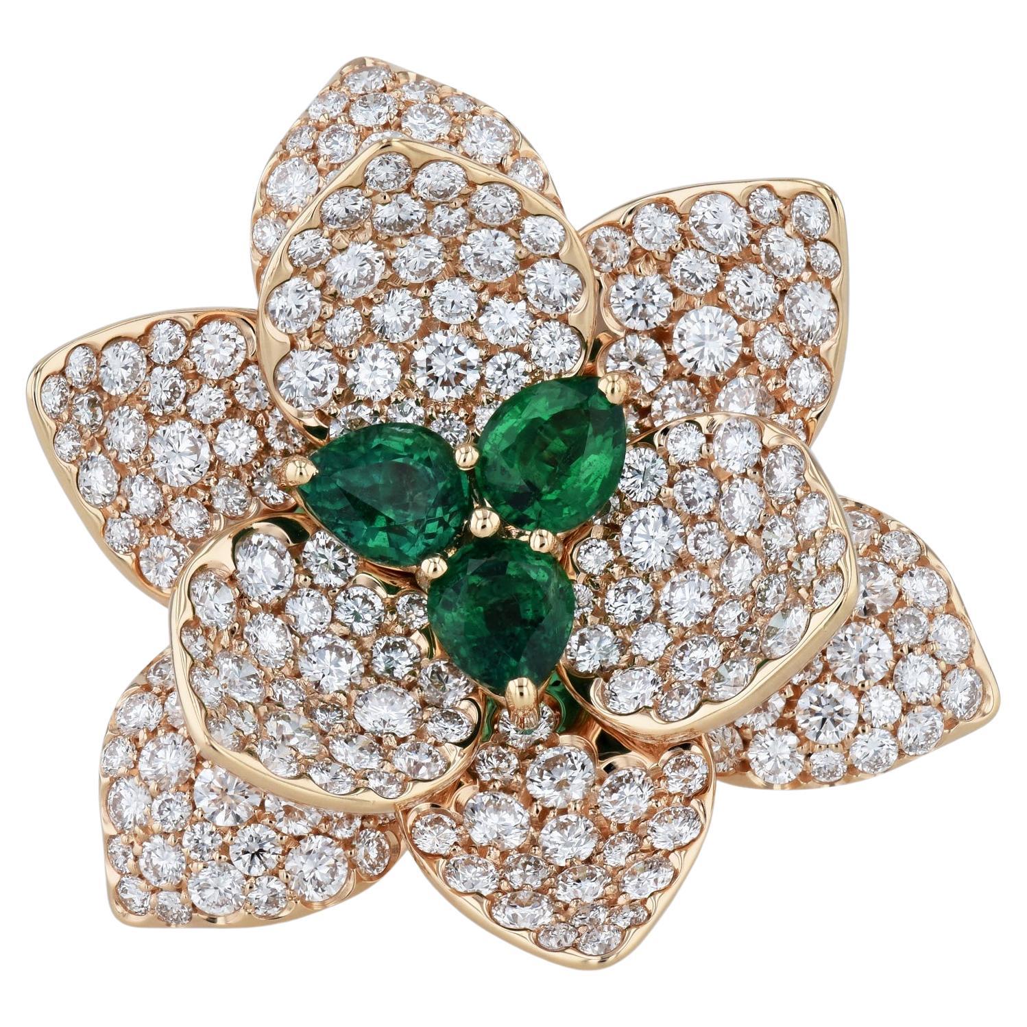 Diamond and Emerald Flower Ring Rose Gold Cocktail Ring