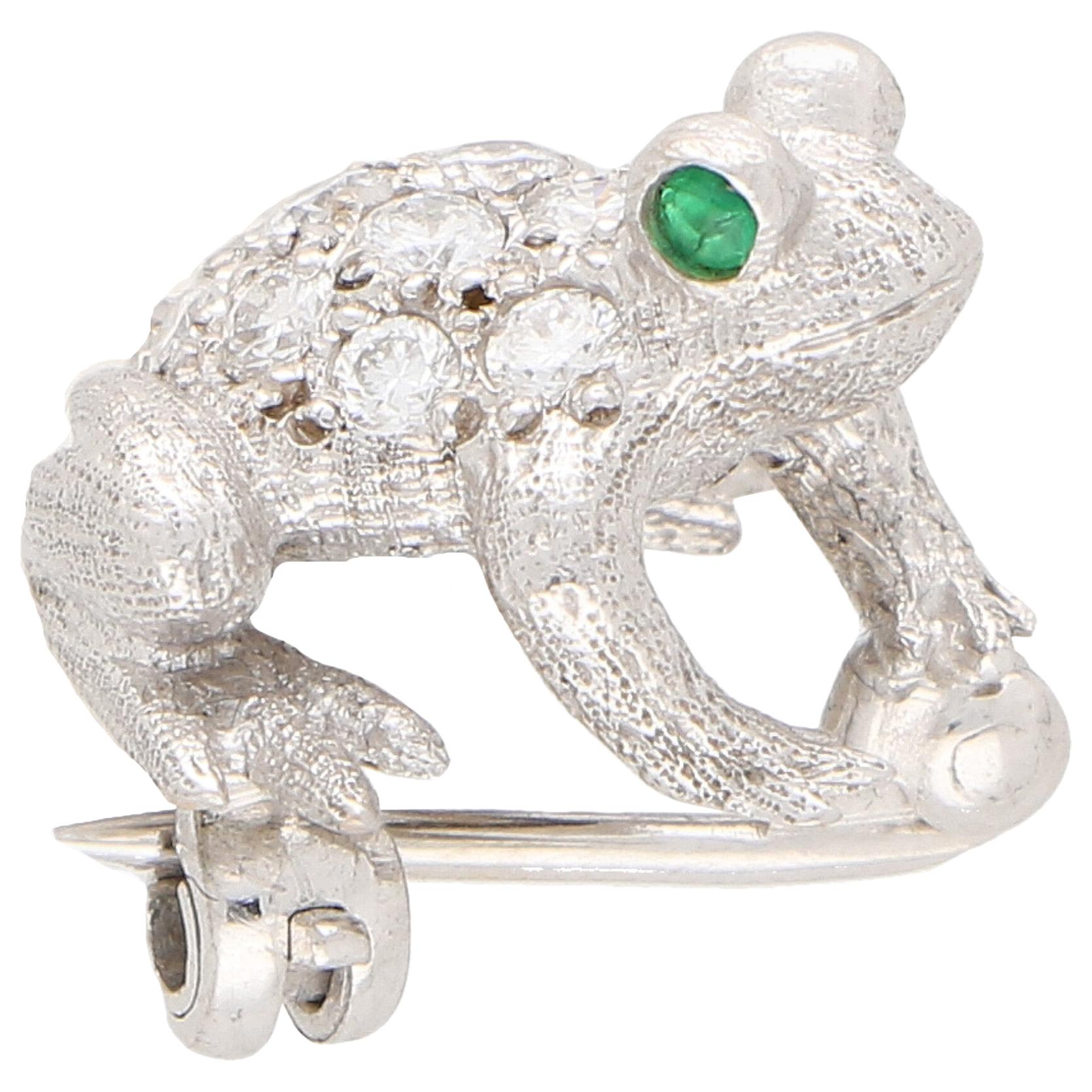 Diamond and Emerald Frog Pin Brooch Set in 18 Karat White Gold