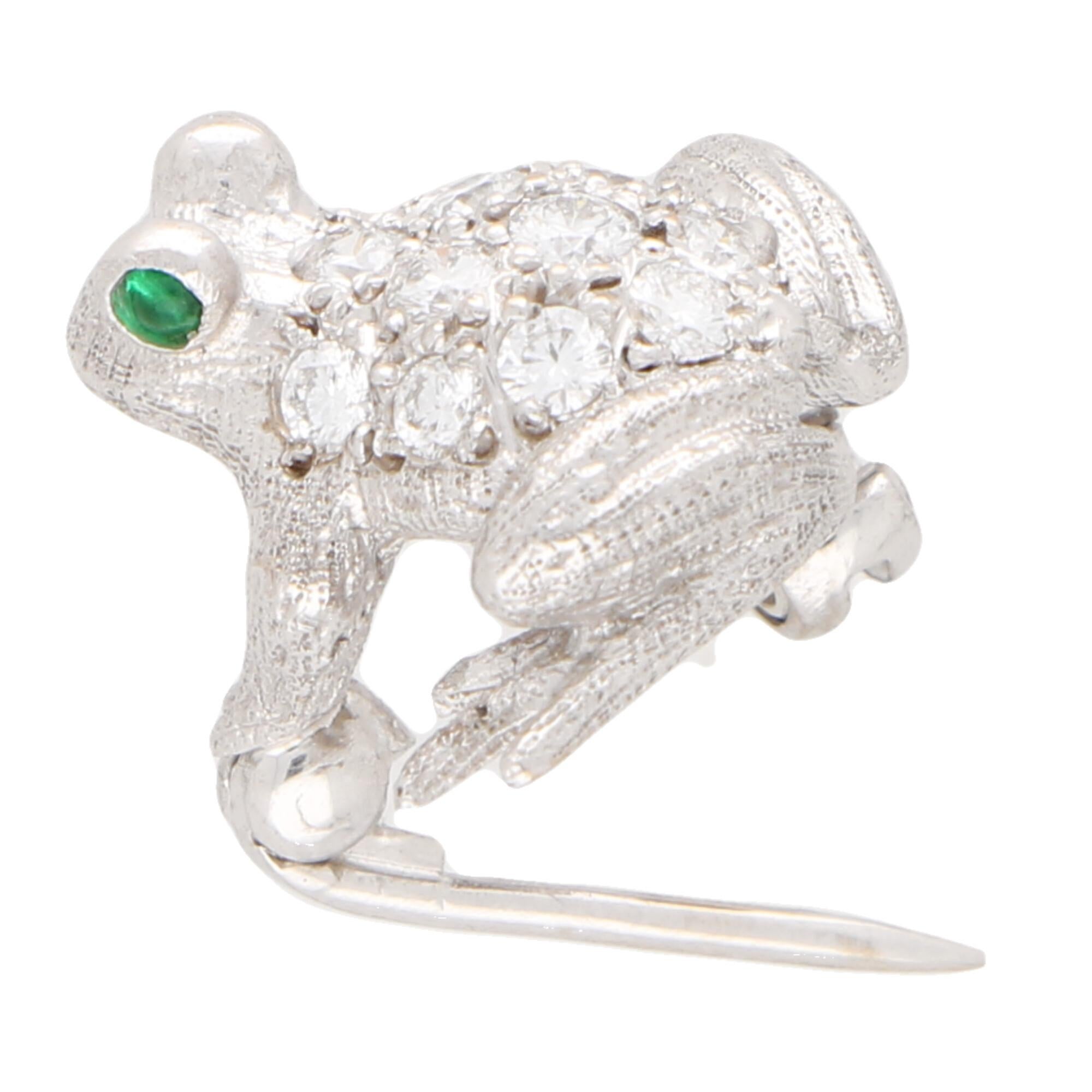 Round Cut Diamond and Emerald Frog Pin Brooch Set in 18 Karat White Gold