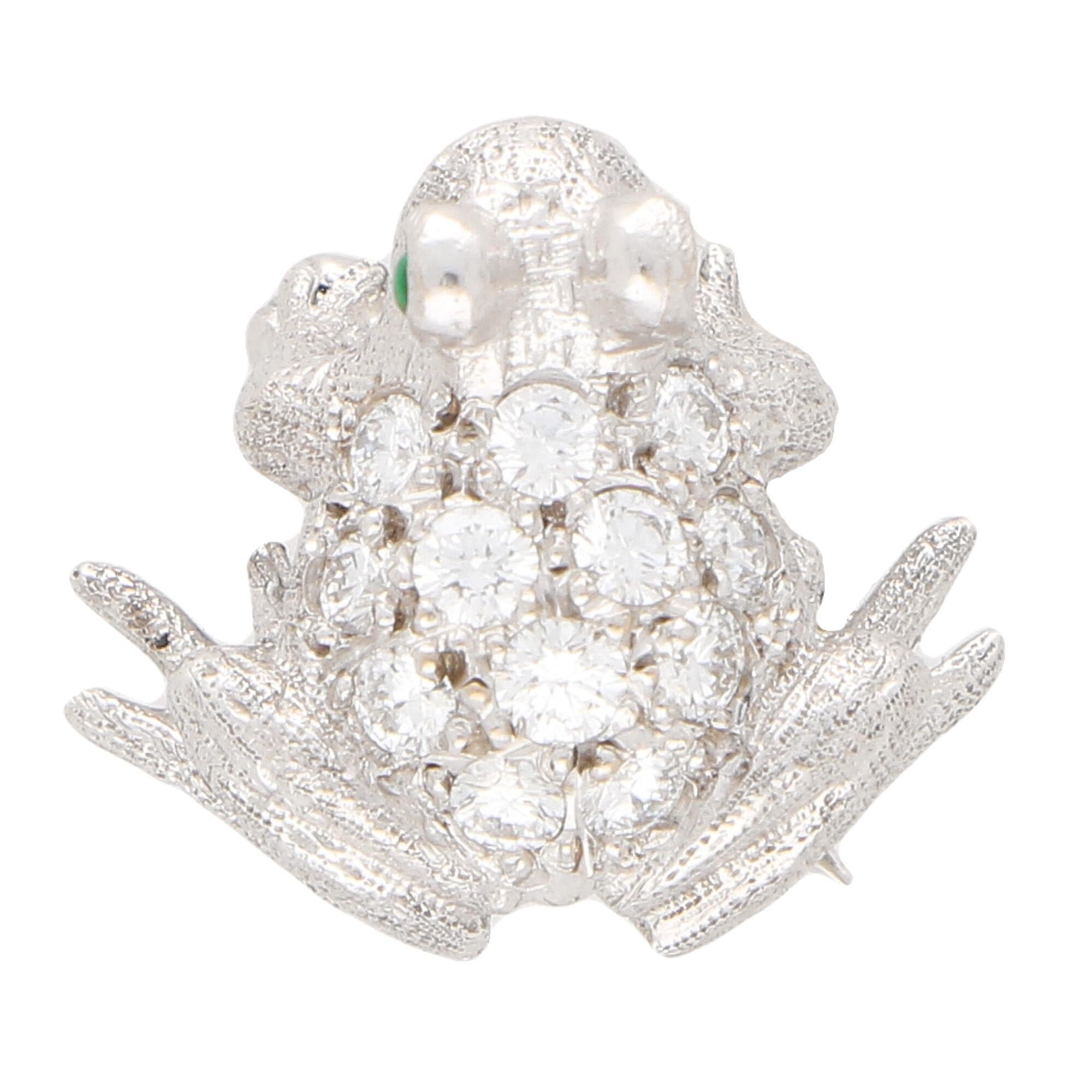 Women's or Men's Diamond and Emerald Frog Pin Brooch Set in 18 Karat White Gold