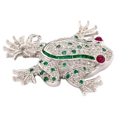 Diamond and Emerald Frog with Ruby Eyes Gold Brooch Pin Estate Fine Jewelry