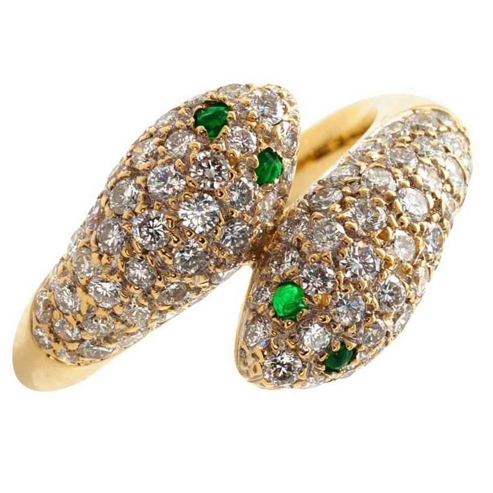 Diamond and Emerald Gold Snake Toi Et Moi Ring