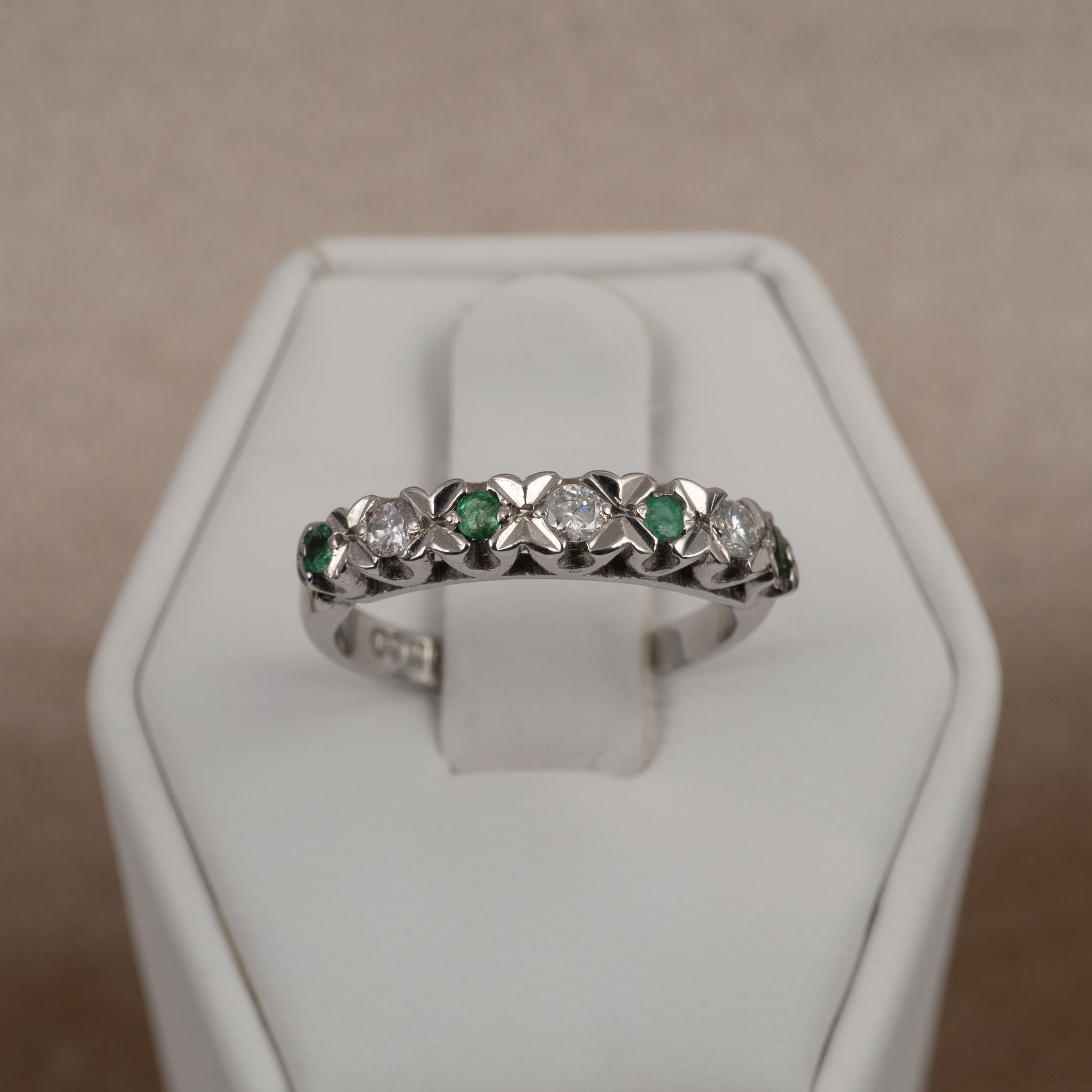 Diamond and Emerald Half Hoop Eternity Ring, White Gold Band In Excellent Condition For Sale In Preston, Lancashire