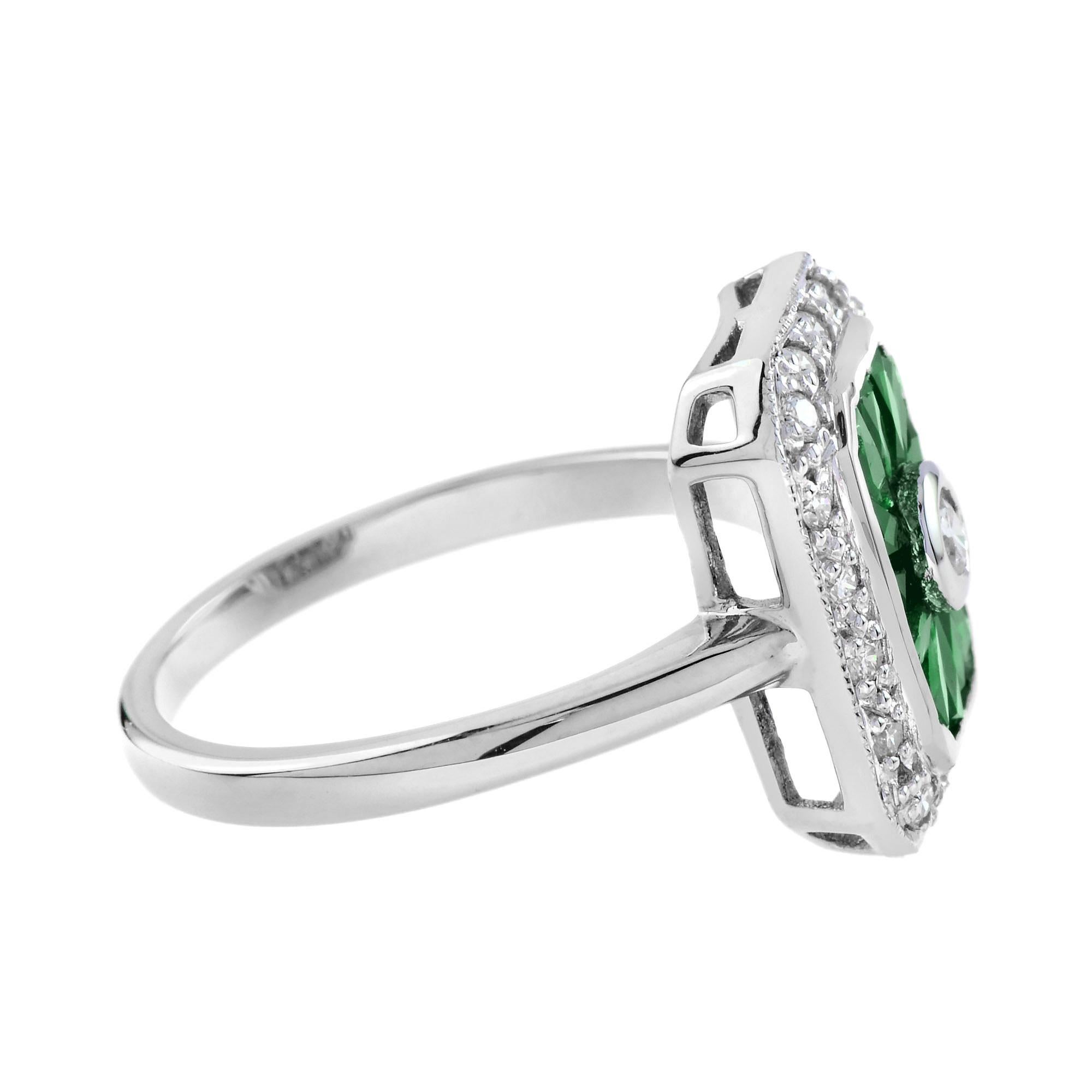 For Sale:  Diamond and Emerald Halo Art Deco Style Engagement Ring in 14K White Gold 4