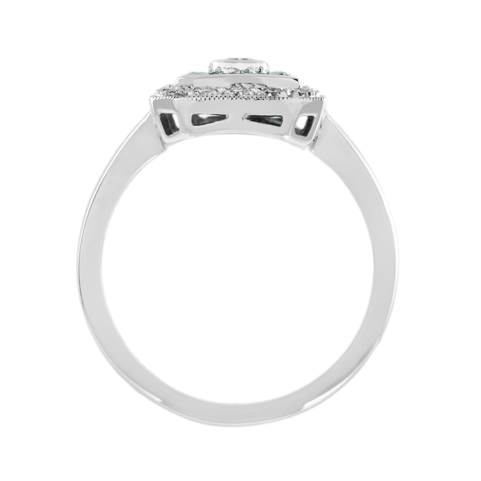 For Sale:  Diamond and Emerald Halo Art Deco Style Engagement Ring in 14K White Gold 6