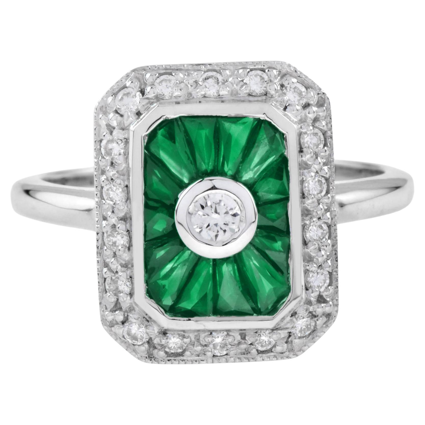 For Sale:  Diamond and Emerald Halo Art Deco Style Engagement Ring in 14K White Gold