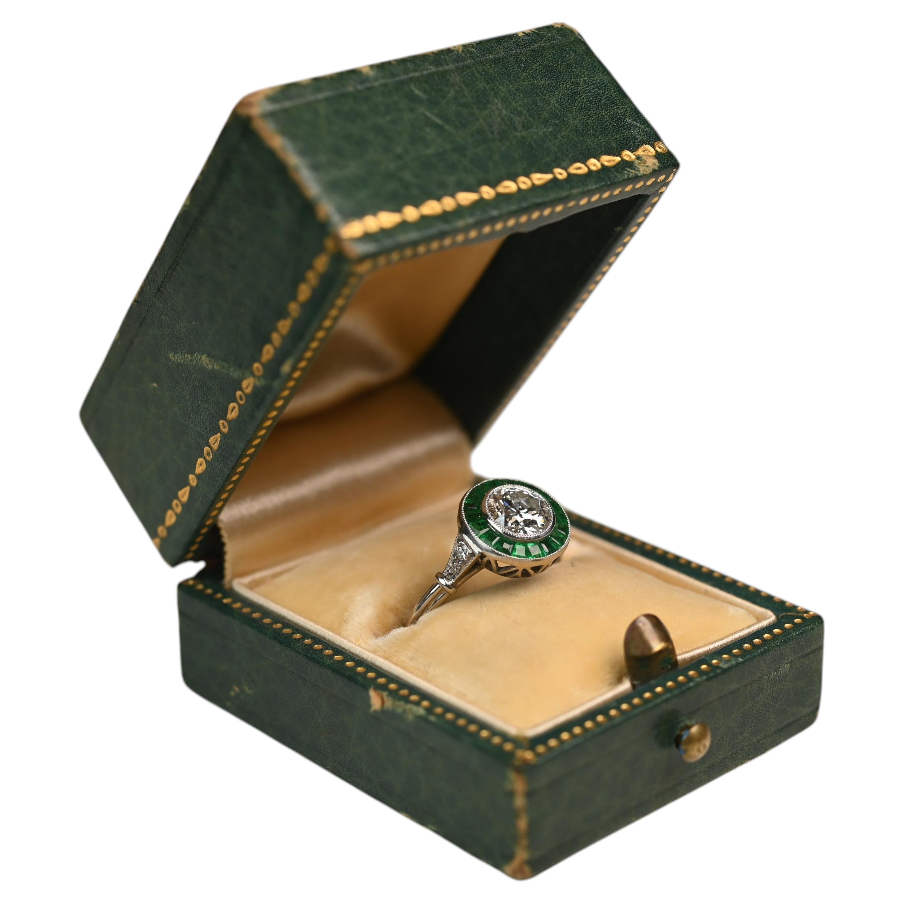 Diamond and Emerald Halo Engagement Ring. 0.60ct Old Euro Cut Platinum I VS2 For Sale